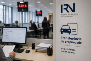 Puesto de atención del Instituto dos Registos e do Notariado (IRN) con cartel de Transferência de propriedade y ordenador mostrando la plataforma digital.