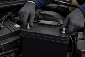 Mecánico con guantes de protección instalando una batería nueva en el compartimento del motor de un coche.