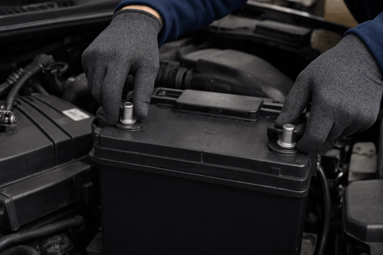 Mecánico con guantes de protección instalando una batería nueva en el compartimento del motor de un coche.