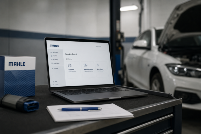 Portátil mostrando el portal de servicios de MAHLE en un taller mecánico junto a un conector de diagnosis y un coche.