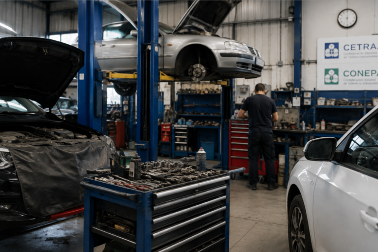Interior de un taller mecánico con coche elevado sin rueda, carrito de herramientas y mecánico trabajando al fondo.