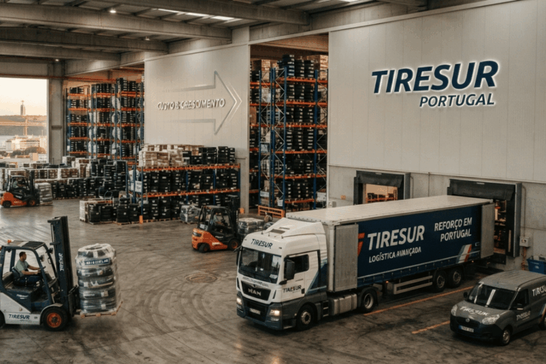 Centro logístico de distribución de neumáticos Tiresur Portugal con camiones y carretillas elevadoras en zona de carga.