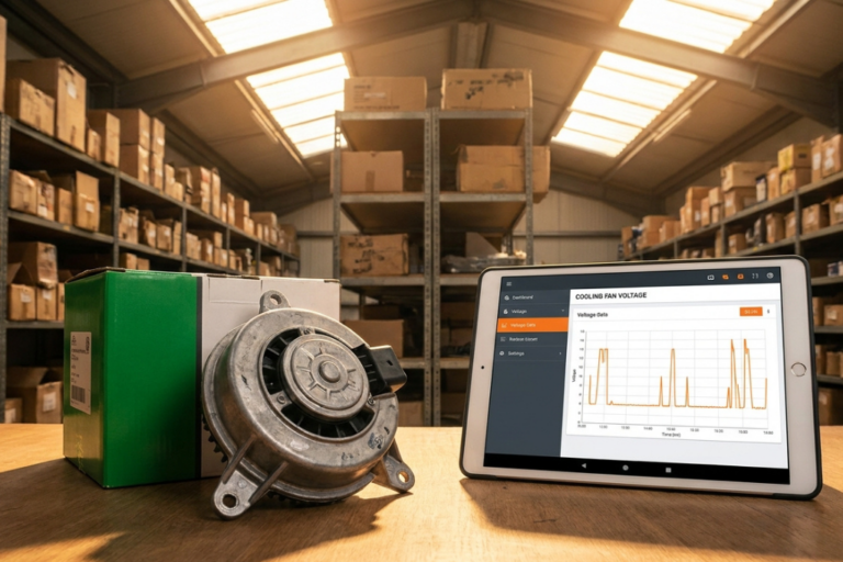 Motor de ventilador de refrigeración de coche junto a una tablet que muestra la gráfica de voltaje en un almacén.