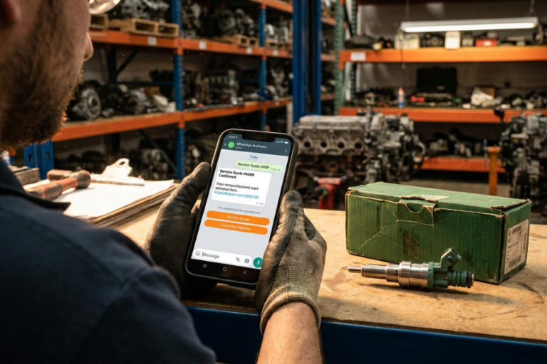 Técnico con guantes consultando la confirmación de un presupuesto por WhatsApp Business junto a un inyector de combustible.