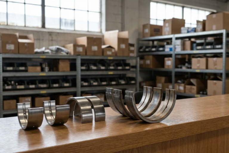 Varios casquillos de biela y bancada metálicos de motor expuestos sobre un mostrador de madera en un almacén de recambios.
