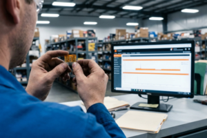 Técnico analizando un fusible naranja para automóvil en sus manos frente a un ordenador con software de gestión en un almacén de repuestos.