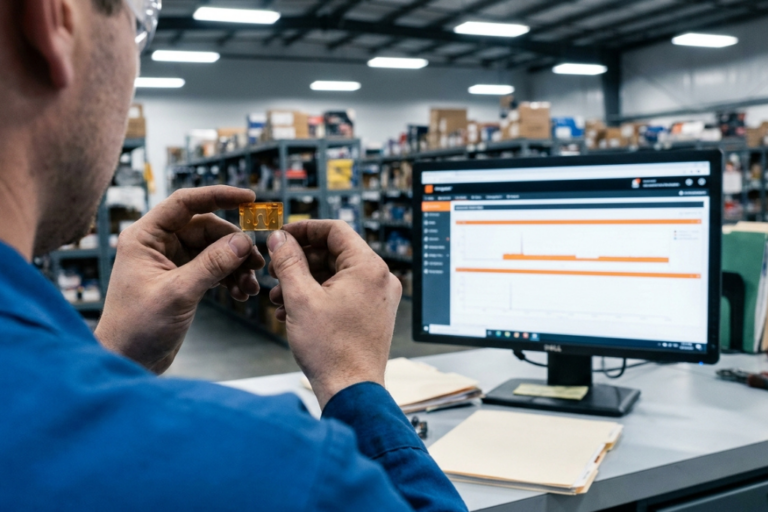 Técnico analizando un fusible naranja para automóvil en sus manos frente a un ordenador con software de gestión en un almacén de repuestos.