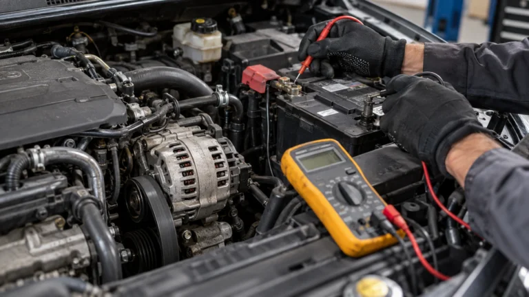 Técnico con guantes azúles comprobando un alternador de coche junto a una tablet con diagnóstico activo en un taller.
