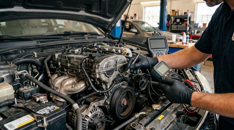 Capteur PMH de position de vilebrequin à côté d'une tablette de diagnostic automobile affichant les codes P0335 et P0336 dans un garage.