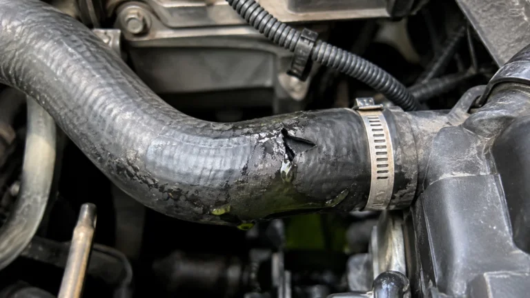 Radiador novo sobre uma mesa de trabalho ao lado de um carro com o radiador antigo instalado e um mecânico a utilizar um tablet.