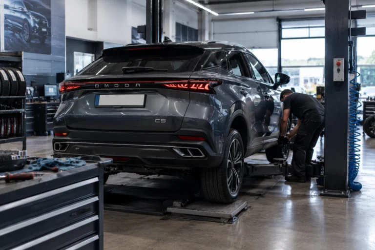 Mecánico realizando la inspección de una rueda en un coche SUV marca Omoda elevado en taller.