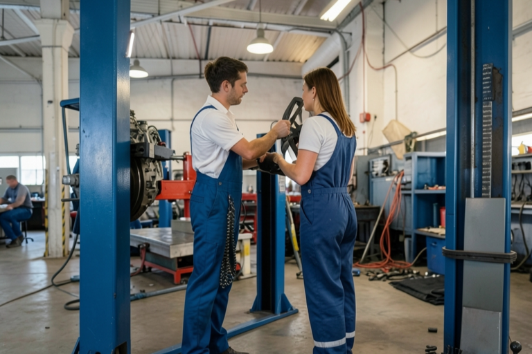 Hombre y mujer mecánicos vistiendo petos azules examinando una pieza mecánica en un taller automotriz.