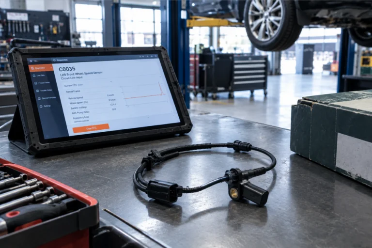 Tablet de diagnosis automotriz mostrando el código de avería C0035 junto a un sensor de velocidad ABS sobre la mesa de trabajo de un taller.