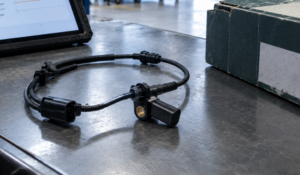Tablet de diagnosis automotriz mostrando el código de avería C0035 junto a un sensor de velocidad ABS sobre la mesa de trabajo de un taller.