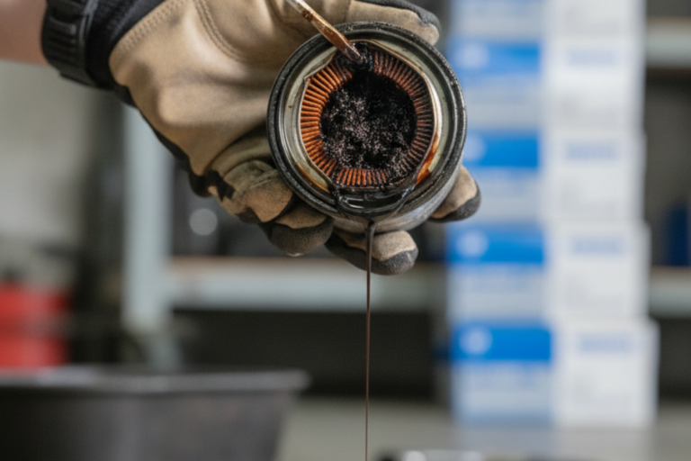 Mecânico com luva bege segurando um filtro de óleo automotivo usado drenando óleo negro e contaminado