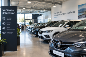 Exposición de coches de ocasión en un concesionario con varios vehículos en venta.
