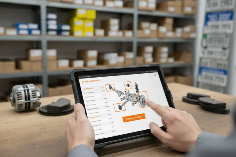 Profissional a utilizar um tablet num armazém de peças sobresselentes para pesquisar e encomendar componentes automóveis online.