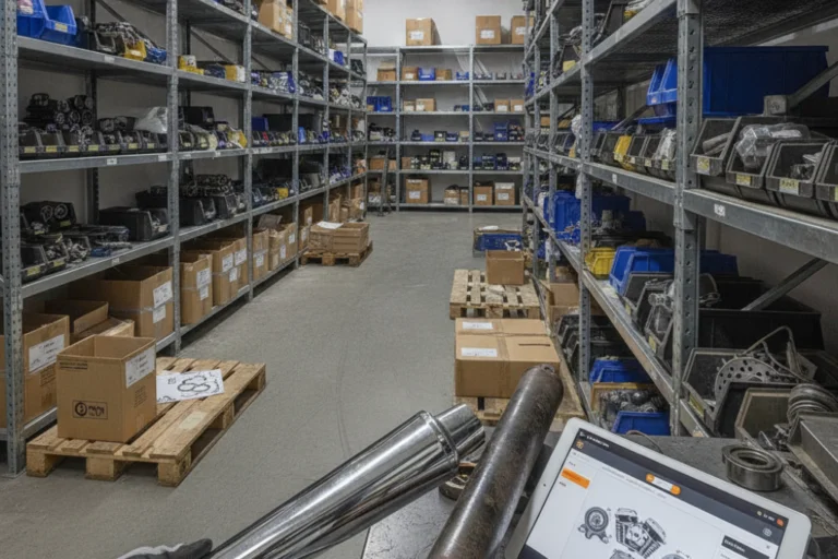 Pasillo de un almacén de repuestos automotrices con estanterías metálicas llenas de piezas, cajas y una pantalla mostrando diagramas técnicos.