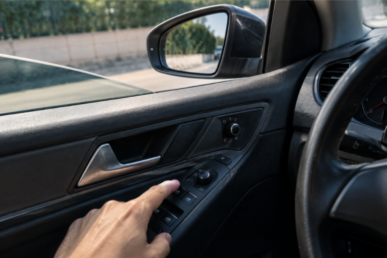 Main appuyant sur les boutons de commande du lève-vitre électrique sur la portière d'une voiture