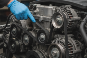 Mecânico com luva azul pressionando a correia de distribuição do motor de um carro