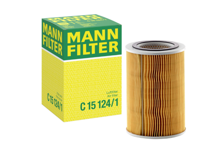 Filtro de aire cilíndrico MANN-FILTER C 15 124/1 con su caja verde y amarilla.