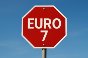 Señal de tráfico roja octogonal con el texto Euro 7 sobre fondo de cielo azul.