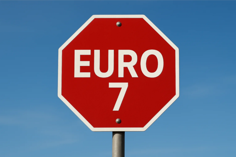 Señal de tráfico roja octogonal con el texto Euro 7 sobre fondo de cielo azul.
