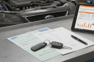 Papiers du véhicule avec carte grise, clé de voiture et tablette de gestion posés sur un comptoir d'atelier mécanique.