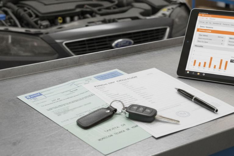 Papiers du véhicule avec carte grise, clé de voiture et tablette de gestion posés sur un comptoir d'atelier mécanique.