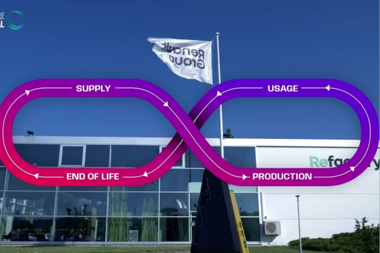 Gráfico con el símbolo de infinito del ciclo de economía circular (suministro, uso, producción y fin de vida) sobre un edificio de la Refactory del Grupo Renault.