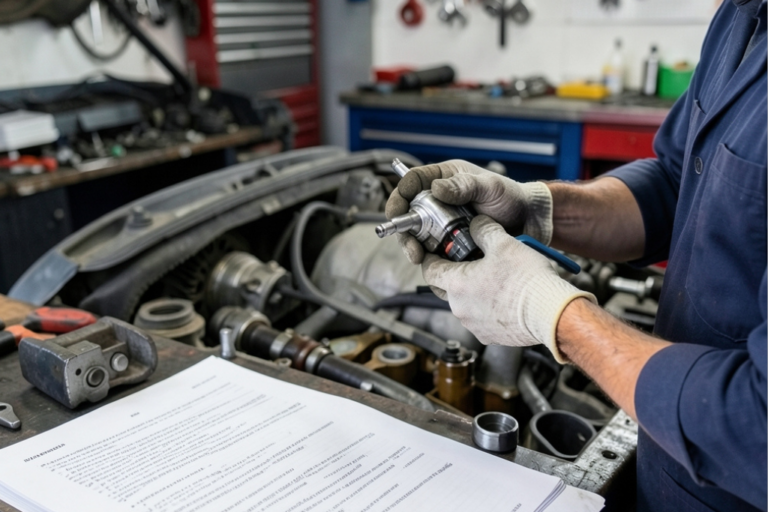 Mains d'un mécanicien porteur de gants manipulant une pièce de moteur au-dessus de fiches techniques dans un garage.