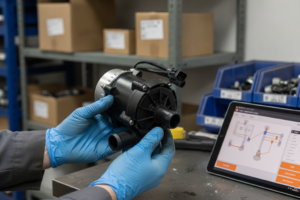 Técnico com luvas azuis segurando uma bomba de água elétrica ao lado de um tablet com esquema técnico