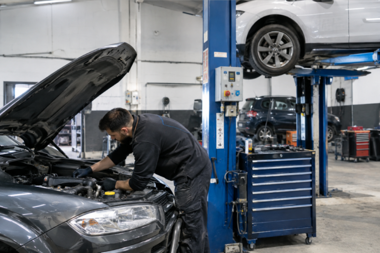 Mecânico a trabalhar no capô aberto de um automóvel cinzento numa oficina mecânica com elevadores hidráulicos.