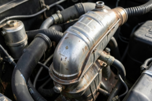 Écran thermique métallique et durites dans le compartiment moteur d'une voiture.