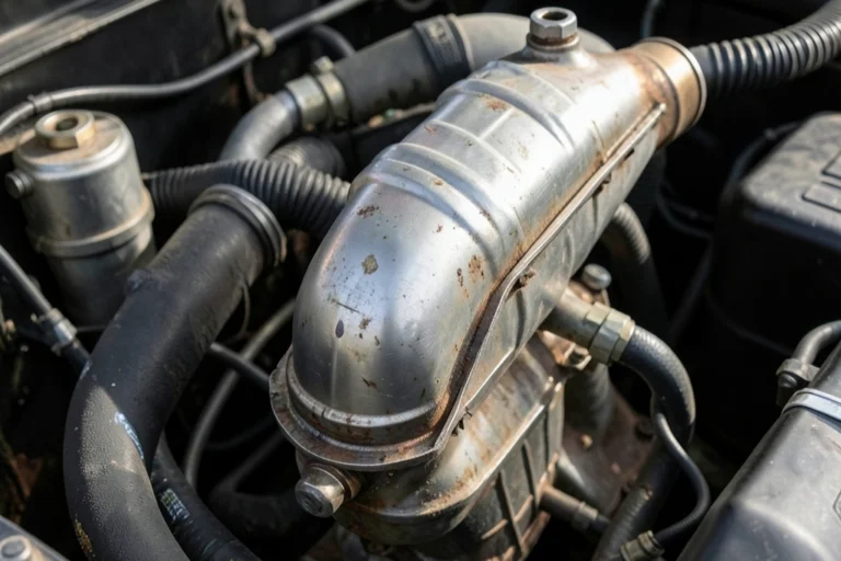 Écran thermique métallique et durites dans le compartiment moteur d'une voiture.