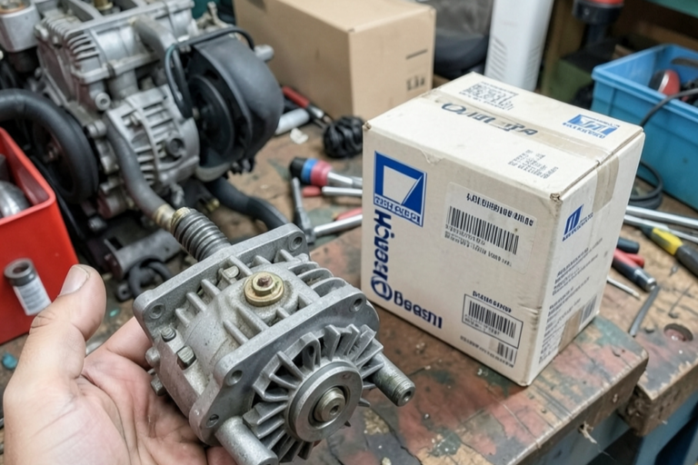 Mão a segurar uma bomba de água metálica nova para automóvel ao lado da caixa original sobre a bancada de uma oficina.