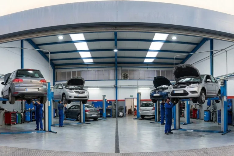 Vista general de un taller mecánico espacioso con varios mecánicos trabajando en coches elevados.