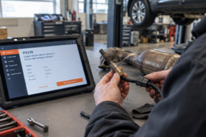 Mecánico sosteniendo una sonda lambda (sensor de oxígeno) junto a una tablet de diagnosis que muestra el código de error P2238.