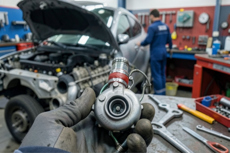 Mão com luva de trabalho a segurar um turbocompressor de motor numa oficina com um carro e um mecânico ao fundo.