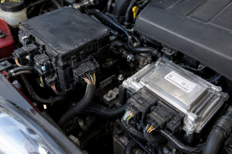 Boîtier BSI et calculateur moteur reliés par des faisceaux électriques dans le compartiment moteur