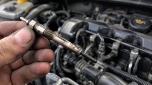 Mecânico com luvas azuis comparando uma vela de aquecimento usada com uma nova em frente a um carro