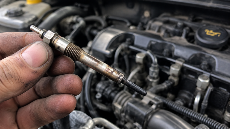 Mecânico com luvas azuis comparando uma vela de aquecimento usada com uma nova em frente a um carro