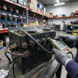Mécanicien mesurant la tension d'une batterie ancienne en mauvais état avec un testeur numérique dans l'atelier