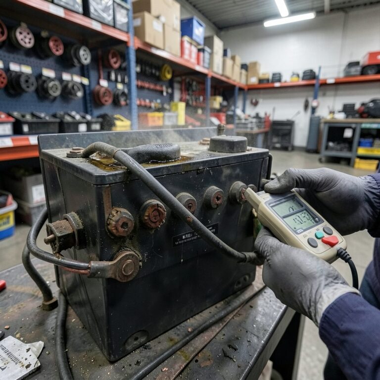 Mécanicien mesurant la tension d'une batterie ancienne en mauvais état avec un testeur numérique dans l'atelier