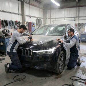 Dos operarios puliendo y lijando el capó de un coche oscuro en un taller de chapa y pintura.