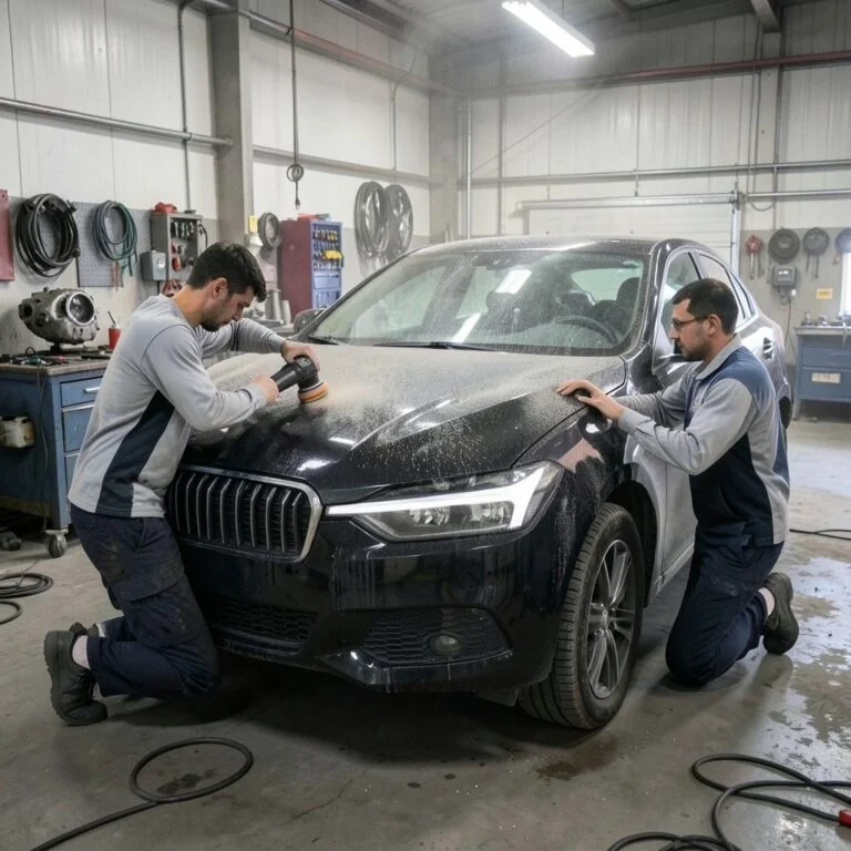Dos operarios puliendo y lijando el capó de un coche oscuro en un taller de chapa y pintura.
