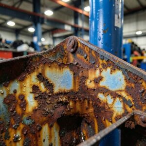 Gros plan de la surface métallique d'une pièce automobile fortement dégradée par la rouille et la peinture écaillée