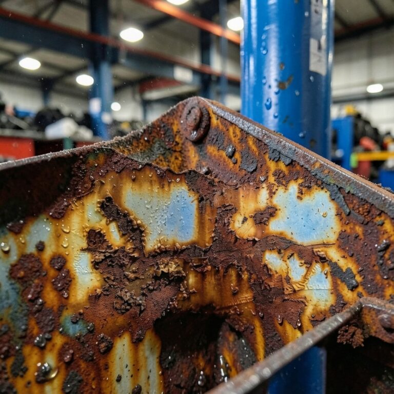 Gros plan de la surface métallique d'une pièce automobile fortement dégradée par la rouille et la peinture écaillée