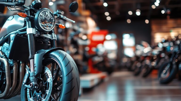 Motocicleta clásica de color rojo con detalles amarillos estacionada dentro de un taller mecánico de reparación.
