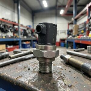 Gros plan d'un capteur de pression de rampe commune de carburant sur un établi d'atelier mécanique
